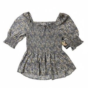 Floral Smocked Blouse - Blue and White